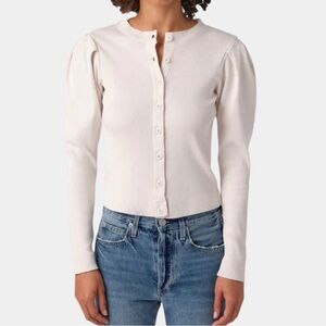 AMO Puff Sleeve Ribbed Cardigan in Off White Size M